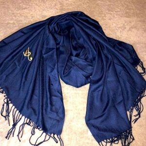 GLINT Womens Navy Blue Scarf "A" Gold Embroidered Shawl Scarf Fringe 28" x 70"
